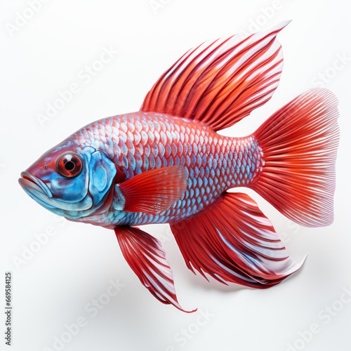 Red Siamese fighting fish with vibrant fins, blue face, isolated on white background.