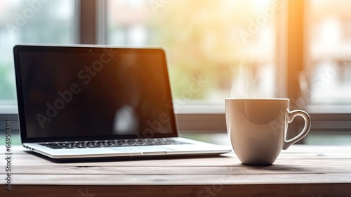 Blank screen laptop mockup with a cup of coffee in cafe