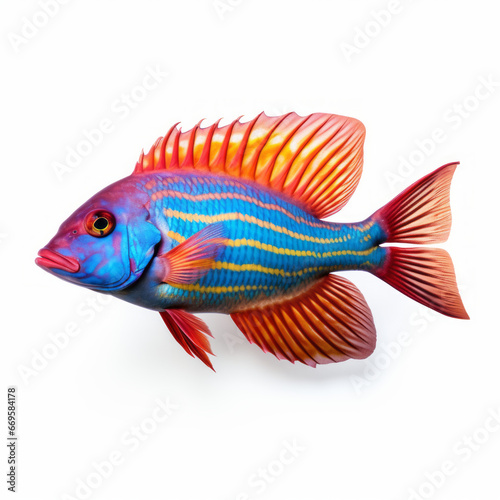 Colorful tropical fish with blue stripes and red fins isolated on white background
