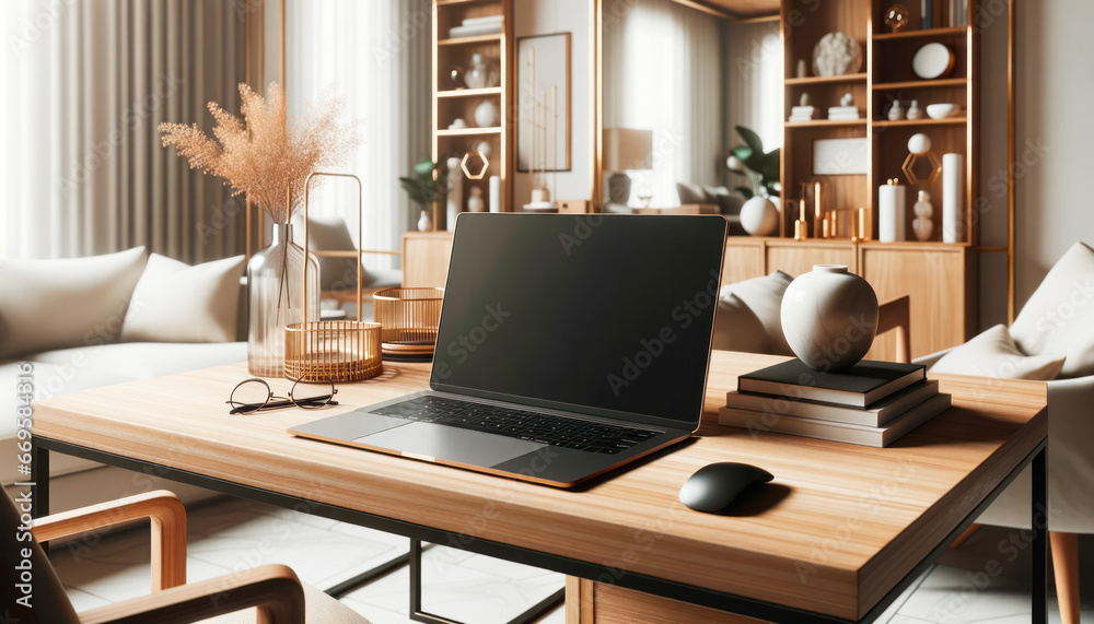 Workplace with laptop on wooden table in modern living room. Generative AI Workplace with laptop on wooden table in modern living room. Generative AI