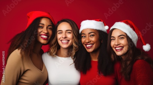 Group of young beautiful women in santa hats posing isolated against red background
