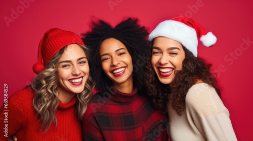 Three adorable young women posing in santa hats against red background