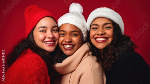 Three women posing in santa hats against red background