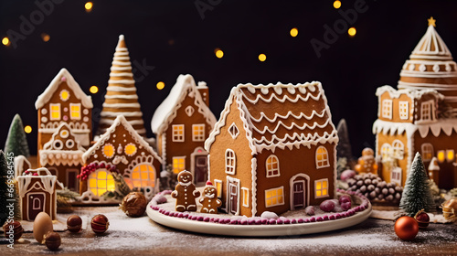 Small Gingerbread Houses Decorated with White Icing and Colorful Candied Fruit, Sweet and Festive Christmas Atmosphere. HQ 4K