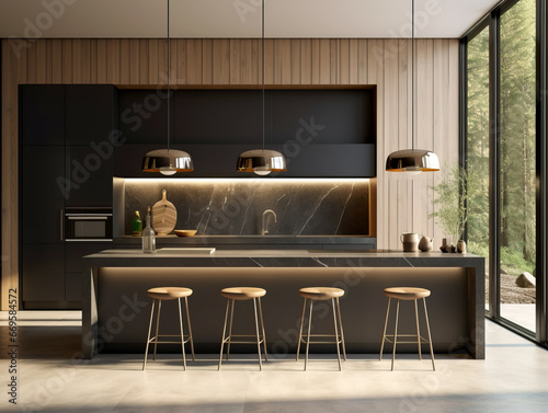 Interior of modern kitchen with wooden walls, concrete floor, gray countertops with built in sink and bar with stools. Generative AI