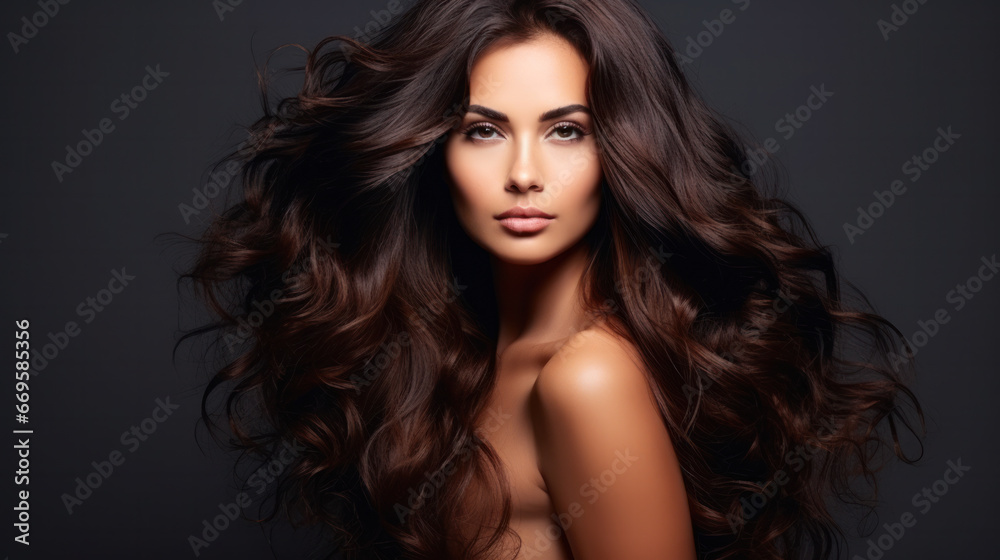 Beauty brunette girl with long shiny curly hair . Beautiful smiling woman model wavy hairstyle . Cosmetology, cosmetics and make-up.