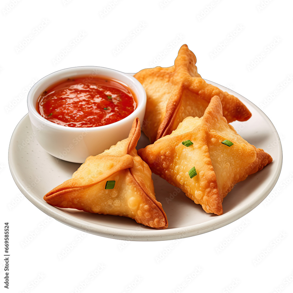 crab rangoon with dipping sauce isolate on transparent background, png