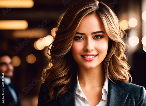 Portrait of a beautiful young business woman in a suit on a blurred background.