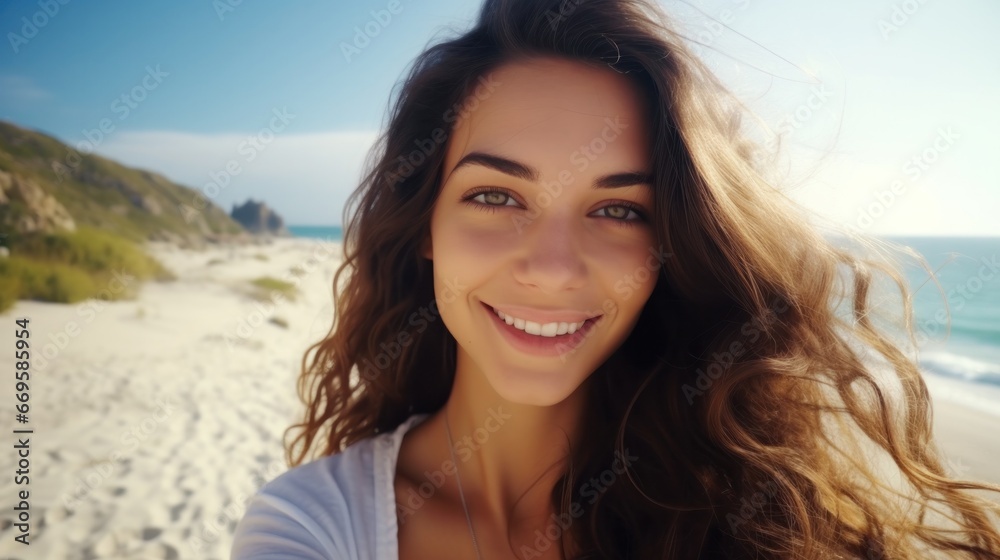 closeup shot of a good looking female tourist. Enjoy free time outdoors near the sea on the beach. Looking at the camera while relaxing on a clear day Poses for travel selfies smiling happy tropical closeup shot of a good looking female tourist. Enjoy free time outdoors near the sea on the beach. Looking at the camera while relaxing on a clear day Poses for travel selfies smiling happy tropical
