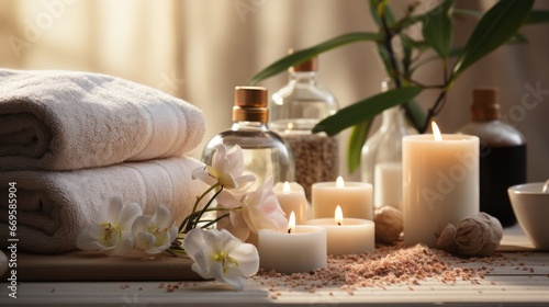 Beautiful spa treatment composition such as Towels, candles, essential oils, Massage Stones on light wooden background. blur living room, natural creams and moisturizing Healthy lifestyle, body care