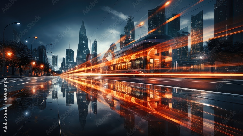 Light trails on the modern building background. Light trails at night in urban environment, Abstract Motion Blur City, traffic, transportation, street, road, speed - obrazy, fototapety, plakaty 