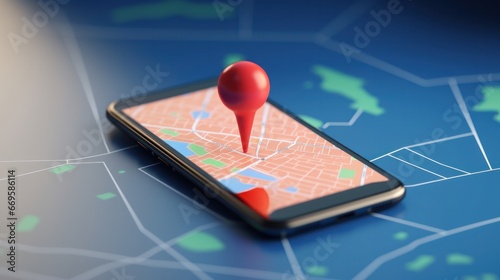 Smartphone with map, 3D Map pins, GPS, navigator pin checking points, 3D World Map icon, technology and application mobile smart phone with mobile, delivery tracking, transportation, generate by AI