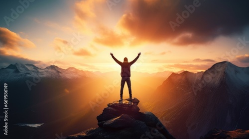 Silhouette of business male stand and feel happy on the most hight at the mountain on sunset, success, leader, teamwork, target, Aim, confident, achievement, goal, on plan, finish, generate by AI © pinkrabbit