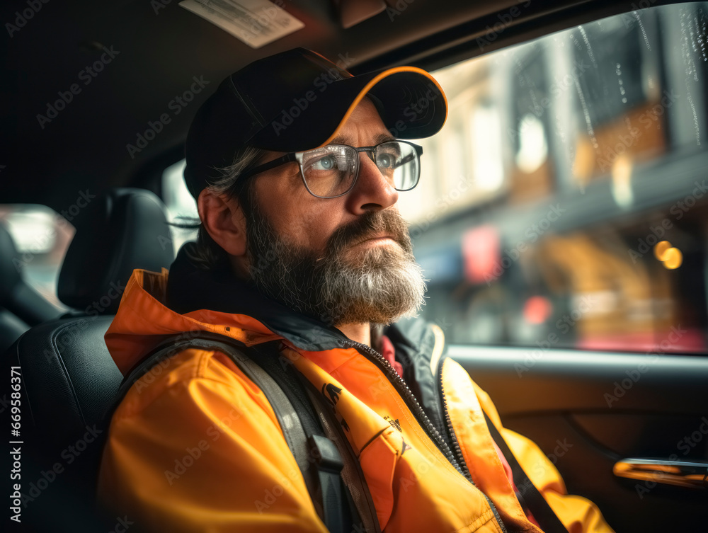Portrait of a bearded man driving a car on a rainy day. Generative AI Portrait of a bearded man driving a car on a rainy day. Generative AI