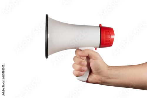 megaphone in hand isolated on white side view