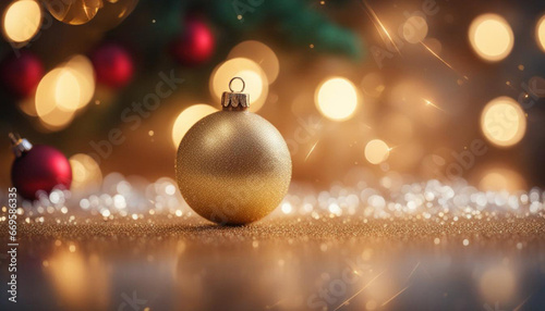 Golden and blue balls with bokeh lights on a green Christmas tree with cones, winter background for greeting card, atmosphere of cosiness and celebration