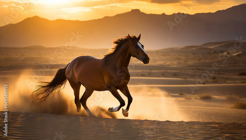 Wild horse running on the beach  conveying passion and freedom  with golden light reflected in the water.