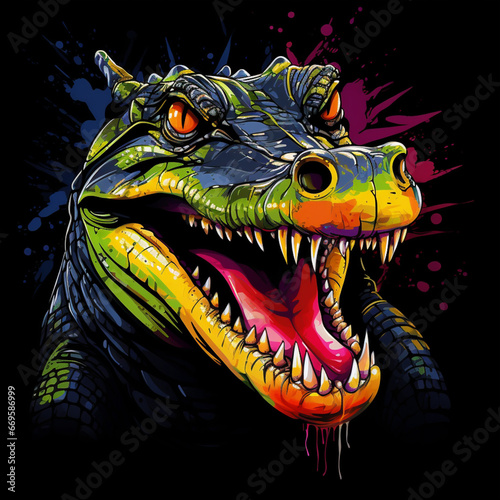 Crocodile head splash of watercolor illustration on dark background. Generative AI