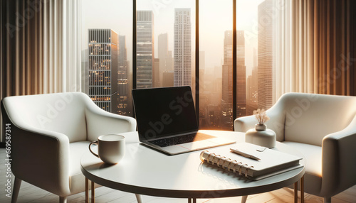 Laptop and coffee cup in modern living room interior with city view. Workplace and lifestyle concept. Generative AI © Who is Danny
