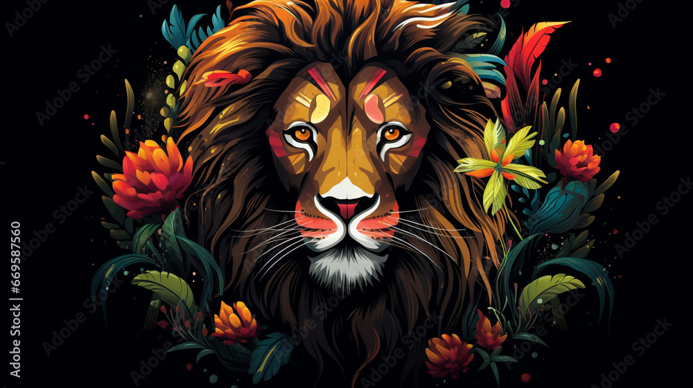 Majestic fairy tale colorful Lion Head with decorative flowers in Watercolor style. Generative AI
