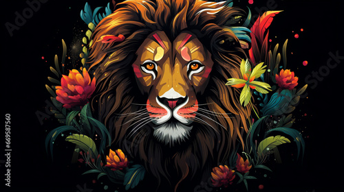 Majestic fairy tale colorful Lion Head with decorative flowers in Watercolor style. Generative AI