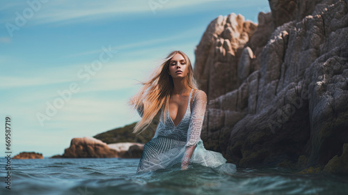 A girl dressed as a mermaid is resting on the rocks © PaulShlykov
