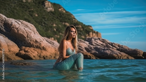 A girl dressed as a mermaid is resting on the rocks © PaulShlykov