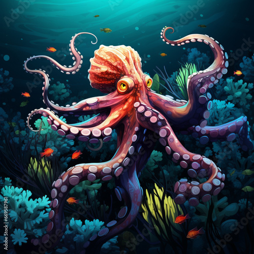 Majestic fairy tale colorful octopus with decorative coral reef in Watercolor style. Generative AI