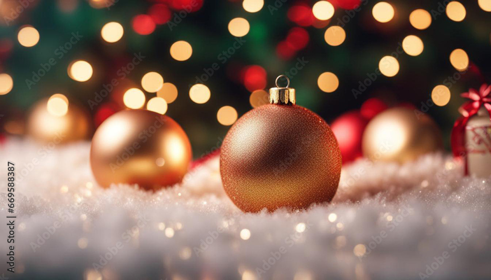 Golden and blue balls with bokeh lights on a green Christmas tree with cones, winter background for greeting card, atmosphere of cosiness and celebration Golden and blue balls with bokeh lights on a green Christmas tree with cones, winter background for greeting card, atmosphere of cosiness and celebration