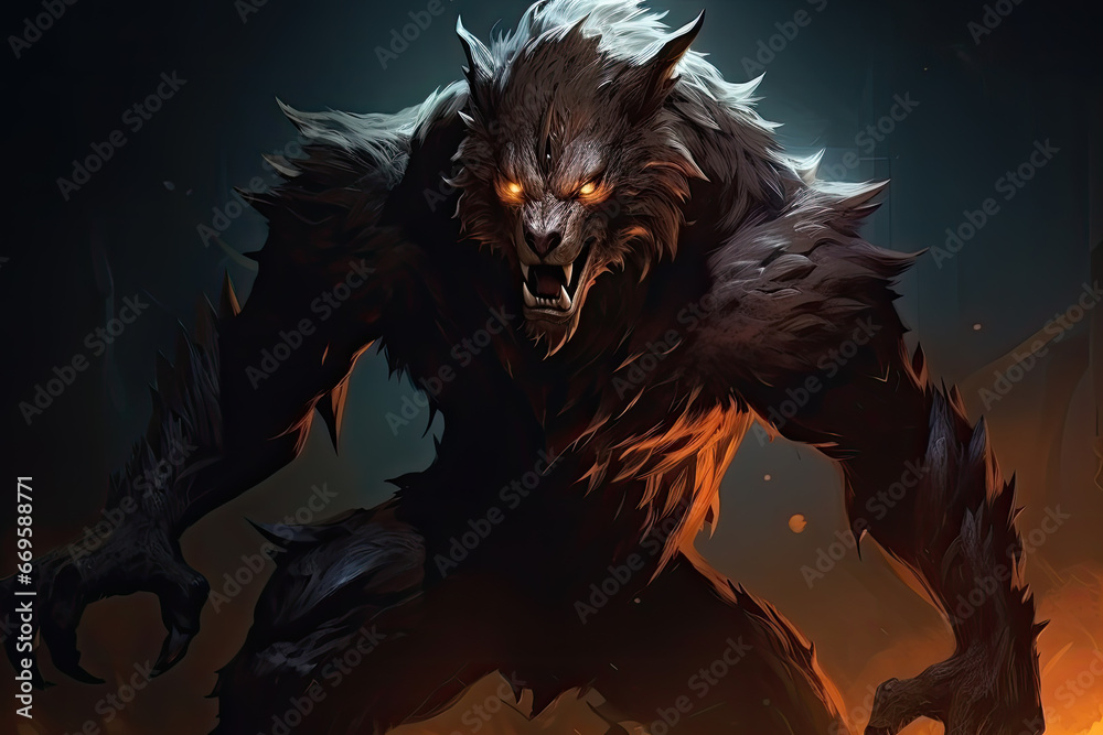 Fototapeta premium a werewolf at night. Red eyes, creature of the night. Classic monster. Horror story.