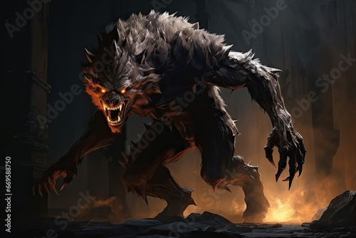 a werewolf at night. Red eyes, creature of the night. Classic monster. Horror story.