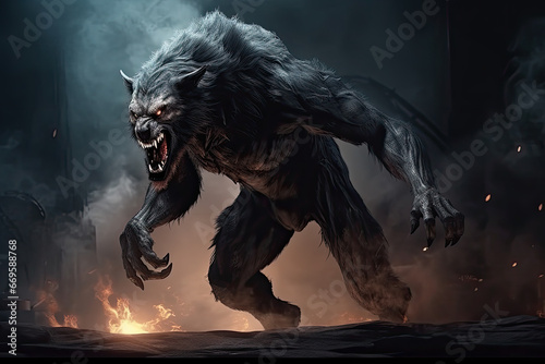 a werewolf at night. Red eyes, creature of the night. Classic monster. Horror story.