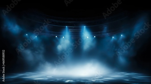 Illuminated stage with scenic lights and smoke Blue