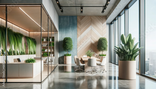 Interior of modern office with wooden walls, concrete floor, panoramic window with city view and daylight. Generative AI