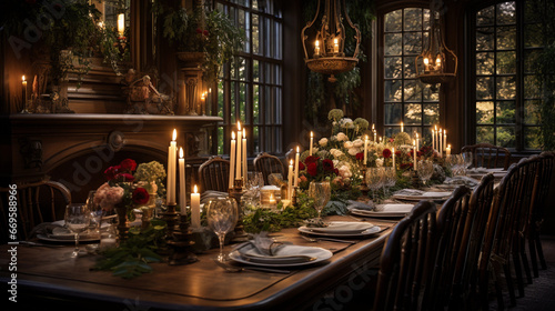 An elegant dining room with a long wooden table set for a formal dinner, bathed in soft candlelight