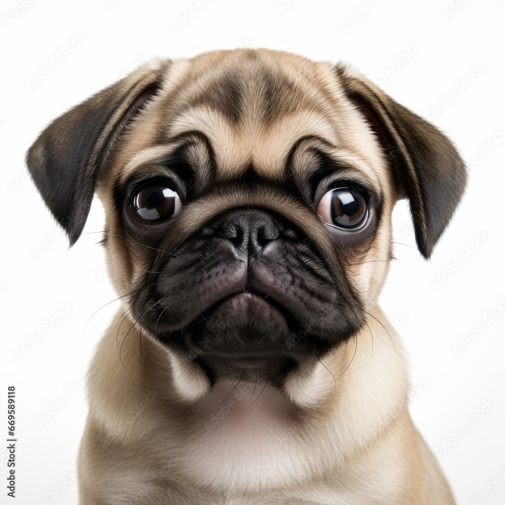 Close-up of a fawn pug puppy with big eyes on a white background