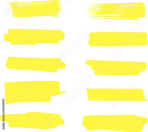 Highlighter line yellow marker strokes lines vector. Yellow watercolor hand drawn highlight set. Marker pen highlight strokes.