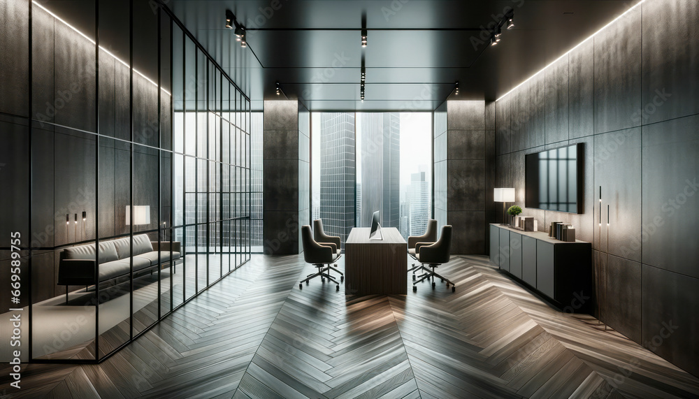 Luxury office interior with black walls, wooden floor, panoramic window with city view and daylight. Generative AI