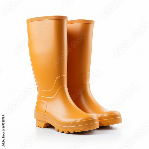 Orange rubber rain boots on a white background