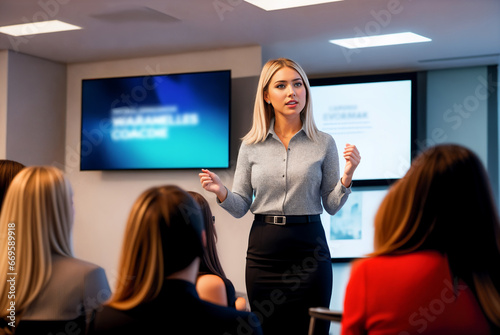 A confident and empowered woman is delivering a compelling and lively presentation to an audience comprised of women. The corporate environment emphasizes her professionalism and leadership qualities.