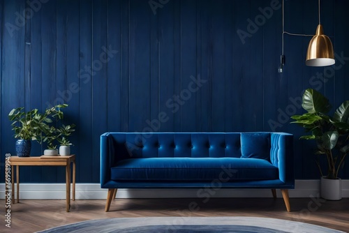 Stylish Modern wooden living room has an armchair on empty dark blue wall background © Hamza