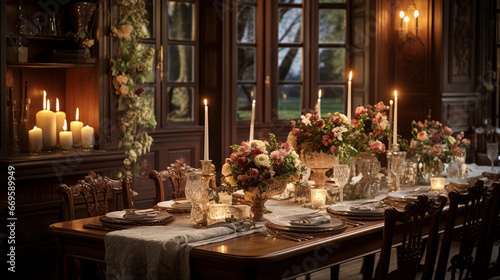 An elegant dining room with a long wooden table set for a formal dinner  bathed in soft candlelight