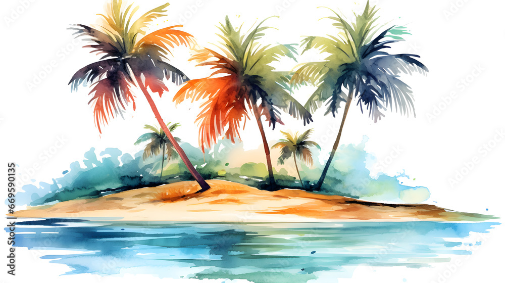 watercolor palm trees on the beach, sea.