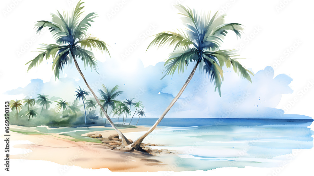 Fototapeta premium watercolor palm trees on the beach, sea.