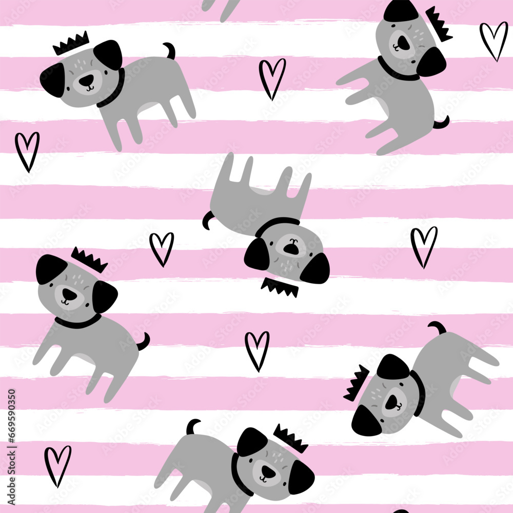 Obraz premium cute hand drawn pug puppy on a pink stripes background, kids semless pattern for textile or wrapping paper