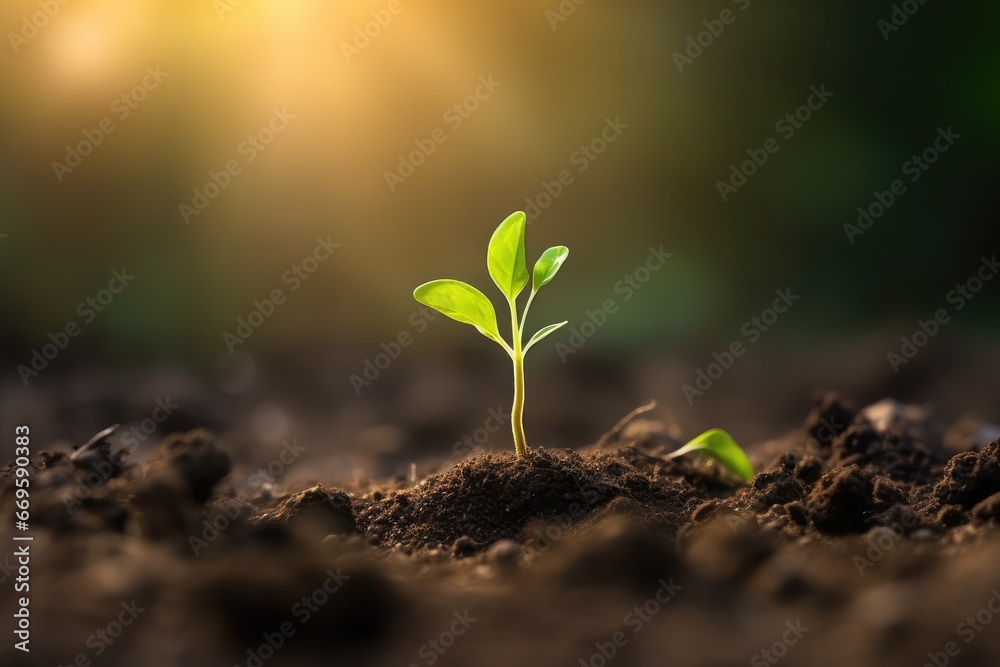 Close-up macro photo of a young green tree plant sprout growing up from the black soil the morning sunlight. Close-up macro photo of a young green tree plant sprout growing up from the black soil the morning sunlight.