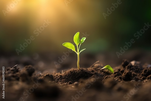 Close-up macro photo of a young green tree plant sprout growing up from the black soil the morning sunlight.