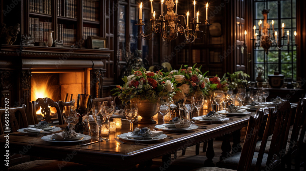An elegant dining room with a long wooden table set for a formal dinner, bathed in soft candlelight An elegant dining room with a long wooden table set for a formal dinner, bathed in soft candlelight