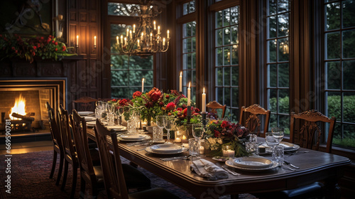 An elegant dining room with a long wooden table set for a formal dinner  bathed in soft candlelight