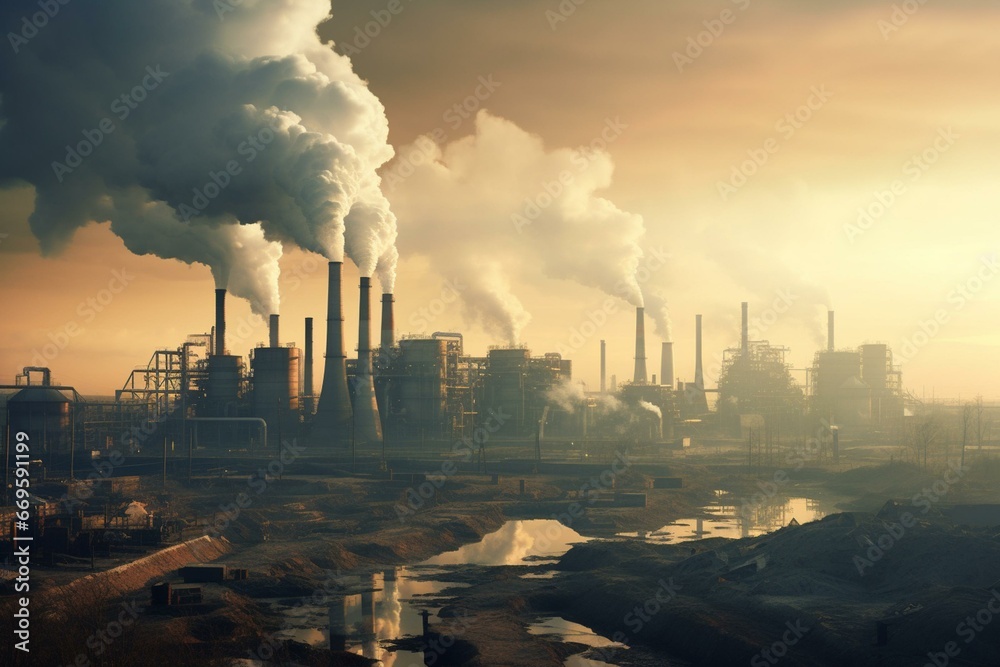 Polluting factory with smokestack releasing pollutants and hazy atmosphere. Generative AI